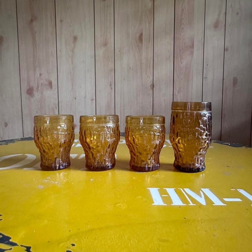 Amber Textured Glass Tumblers Set of 4 Retro Style Mid Century Look